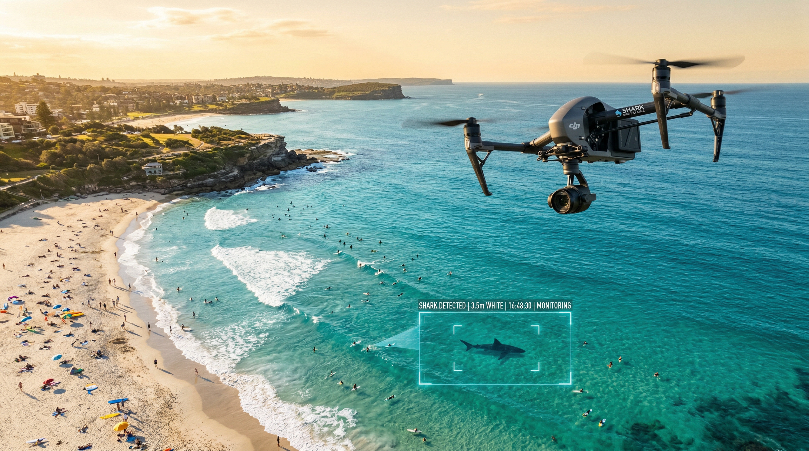 Thermal drone conducting shark surveillance over an Australian beach
